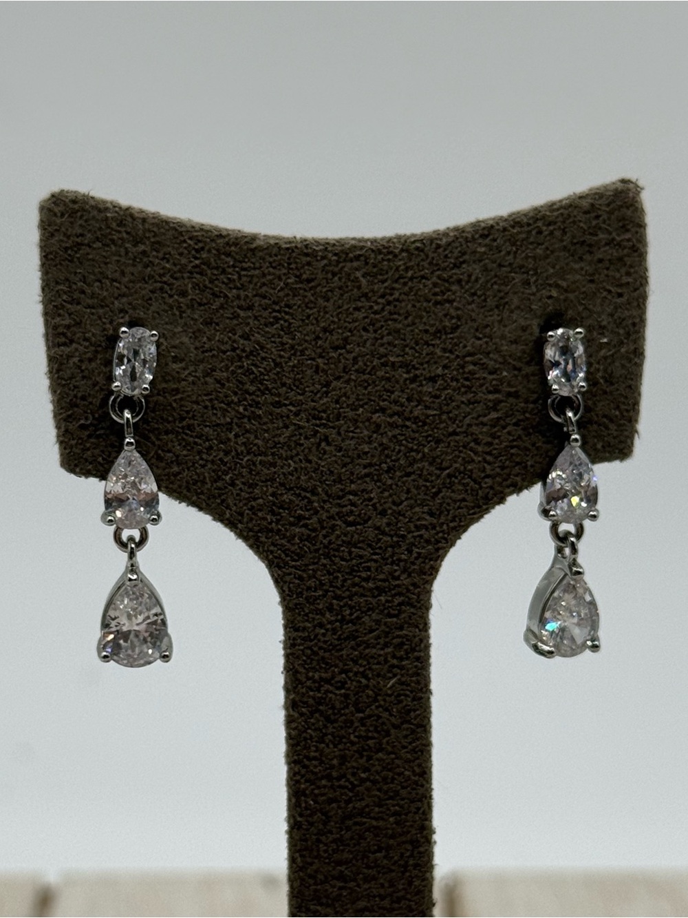 Silver tone Teardrop Dangle Earrings with Clear Stones